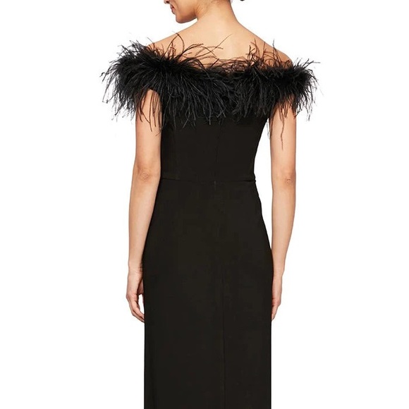 Off-the-Shoulder Matte Jersey Gown with Maribou Neckline - Picture 5 of 6